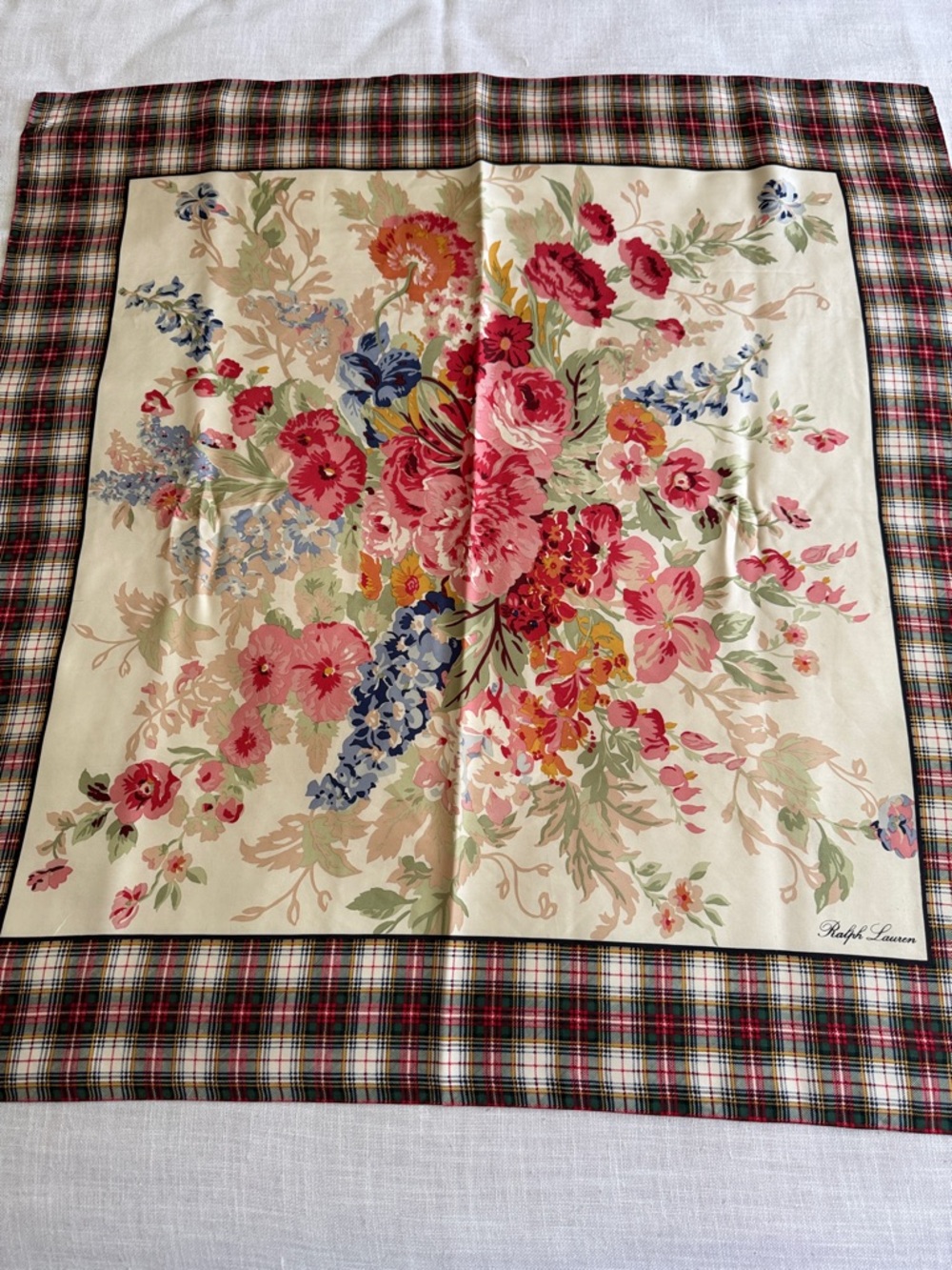 Ralph Lauren Cream Floral Plaid Silk Signed Scarf 34”x36”